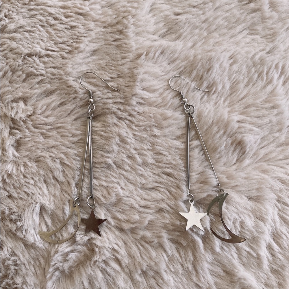 999 Pure Silver Drop Star Moon Earrings
